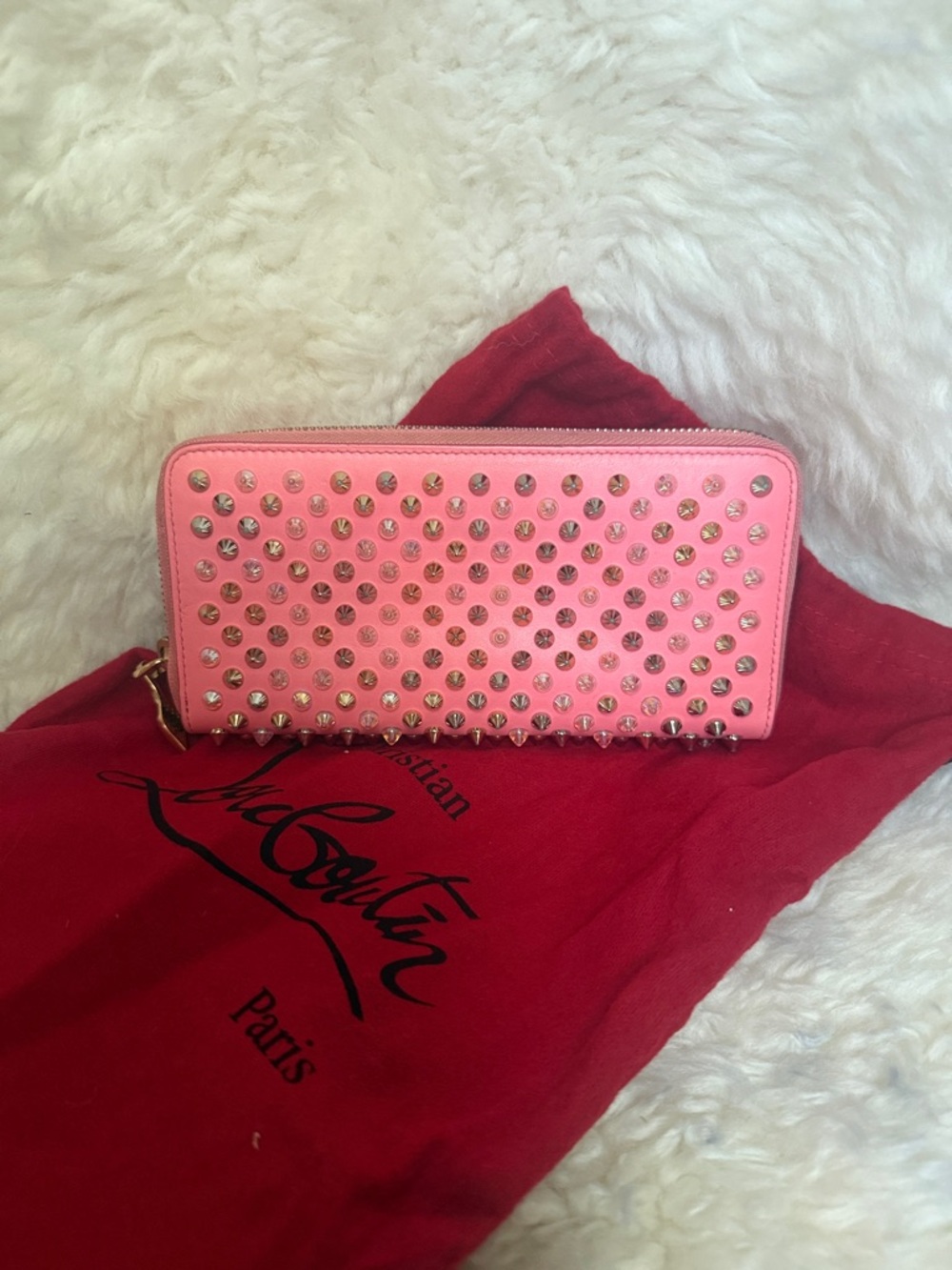 Christian Louboutin Pink Leather Zip-Around Wallet with Gold Studs